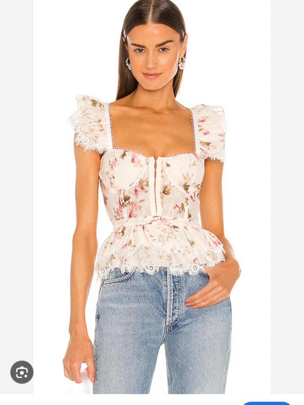 C Chapman Delphine Lace Peplum Corset Top - Cream with Pink Floral